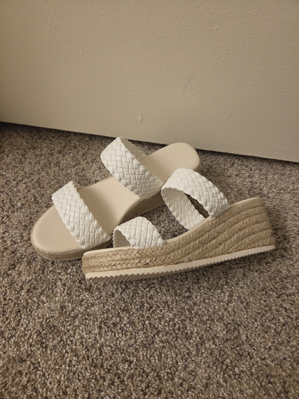 Women's White Braided Espadrille Wedge Slide Sandals